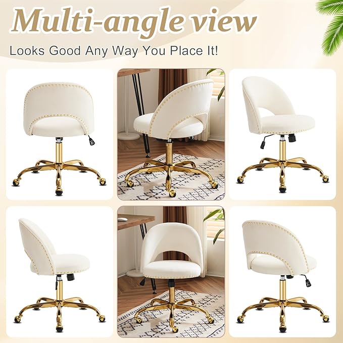 VINGLI Modern Velvet Small Office Chair,Cute Desk Chair with Wheels,Gold Base/Studs, Comfy Armless Swivel Vanity Task Chair for Women/Girl/Kids, Nail Tech Chair for Bedroom,Small Space,White