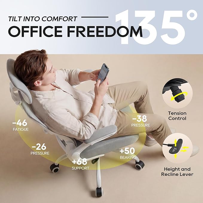 Ergonomic Office Chair, High Back Mesh Desk Chair with Adjustable Lumbar Support & Headrest, Flip-up Armrest, Computer Task Chairs for Home and Executive Office (W-Grey)