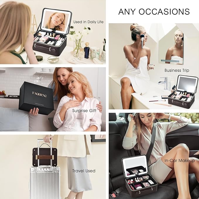 Leather Makeup Case with LED Lighted Mirror 11.4 Inch Travel Makeup Bag Adjustable Brightness in 3 Colors Cosmetic Organizer Artist Storage Bag with Dividers Brush Holder Bag Vanity Dark Brown