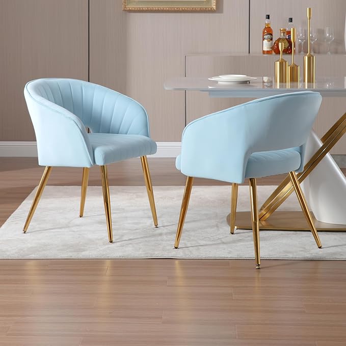ABET Desk Chair with No Wheels, Velvet Home Office Armchair Gold Legs, Upholstered Modern Accent Chairs, Side Chair for Living Room Bedroom Vanity, Light Blue