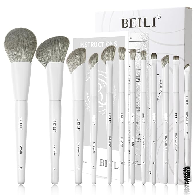 BEILI 12Pcs White Makeup Brush Set, Premium Synthetic Brushes for Foundation, Blending, Eyeshadow, Contour, Blush, and Eyeliner, Luxury Gift-Ready