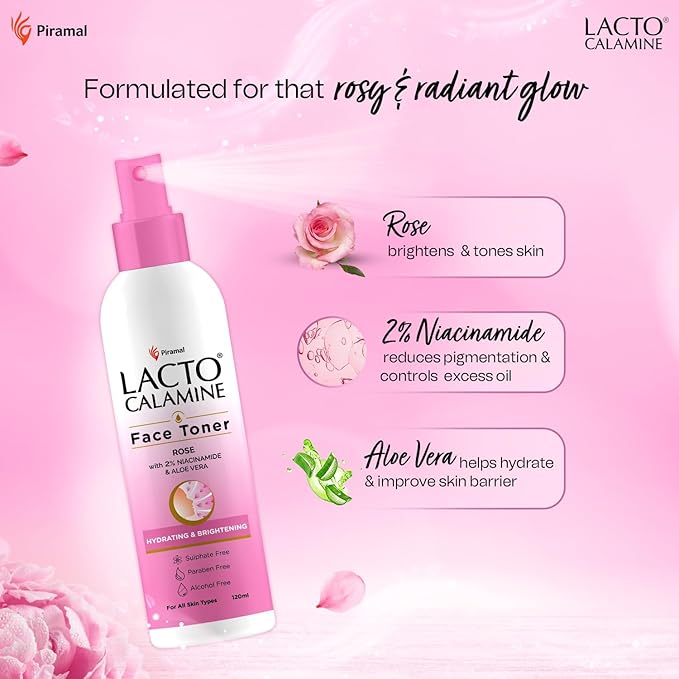Lact'o Calamin'e Rose Water Toner for Glowing Skin | 120ml | Gulab Jal Face Toner | Rosewater with Aloe Vera & 2% Niacinamide | Moisturises Skin | No Sulphate, Alcohol, & Parabens