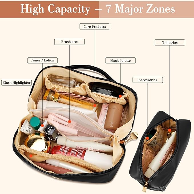 Birthday Gifts for Women Teen Girl, Personalized Initial Makeup Organizer Bag Set, Open Flat Travel Cosmetic Bag With Clear Divider and Handle(Black,S)