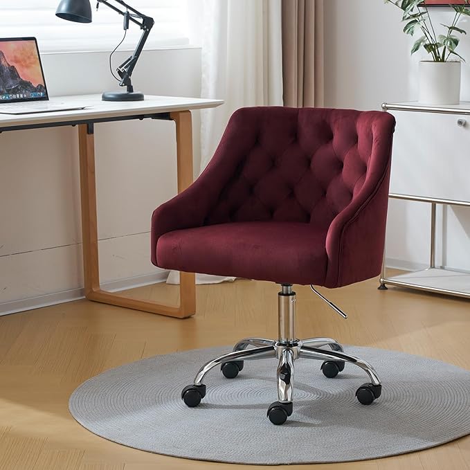 MOJAY Velvet Office Swivel Chair, Vanity Fabric Desk Pretty Fancy Gold Office Chairs for Girls, 360°Swivel Height Adjustable Reception Chair (Burgundy)
