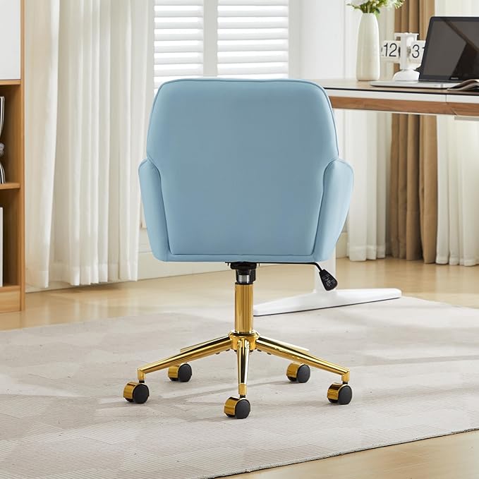 YITAI Velvet Office Desk Armchairs with Gold Base and Wheels,Modern Height Adjustable 360 Degree Swivel Upholstered Vanity Chairs for Living/Room Bedroom/Study,Light Blue