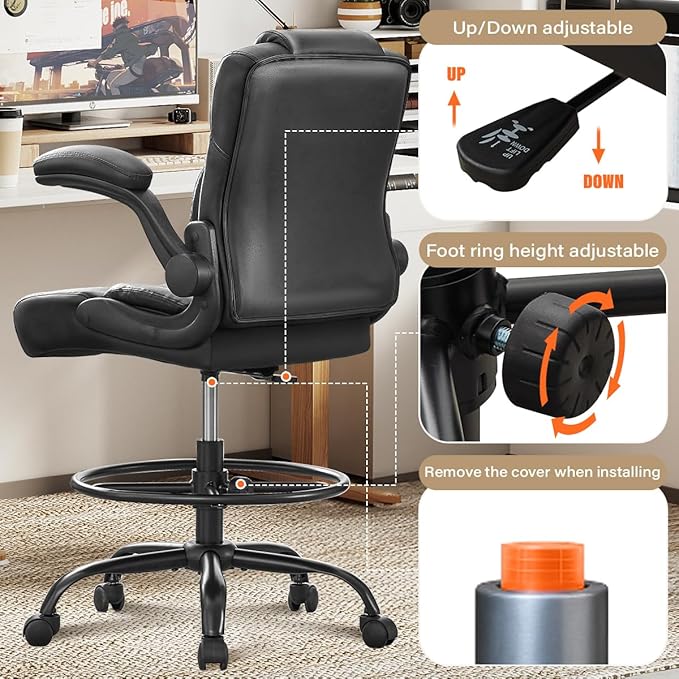 Ergonomic Drafting Chair,Tall Office Chair for Standing Desk with Flip-Up Armrests,Adjustable Foot Ring & Height, High Leather Executive Office Chair for Home,Drawing or Counter Height Use