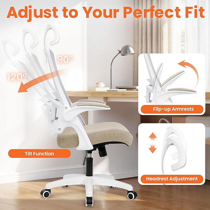 NEO Chair Ergonomic Office Desk Chair High Back Computer Gaming Mesh Chair with Comfy Task Adjustable Arms Lumbar Support Headrest Swivel for Home Office (Beige)