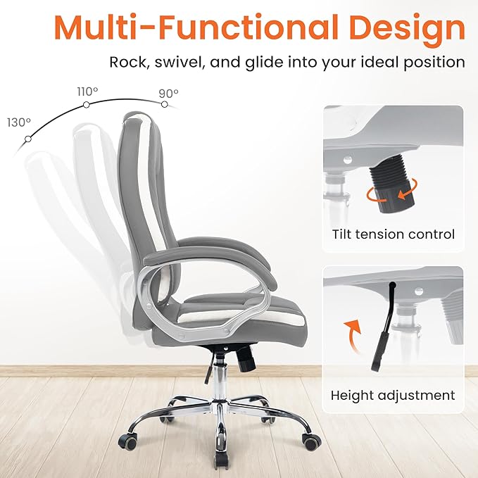 NEO Chair Office Desk Ergonomic Gaming Chair High Back Adjustable Computer Chair with Wheels and Lumbar Support Comfy Leather Executive Swivel (Grey)