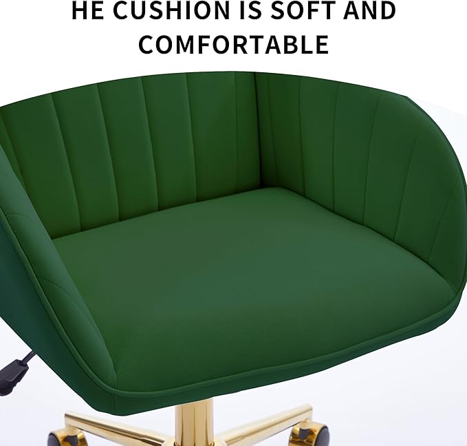 YITAI Velvet Office Desk Chair with Wheels and Gold Base,Modern Height Adjustable 360 Degree Swivel Upholstered Vanity Chairs with Arms for Living Room Bedroom, Study,Green