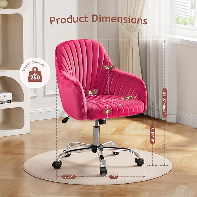 Warmiehomy Velvet Desk Chair for Home Office, Modern Adjustable Swivel Task Chair, Women Vanity Chairs with Arm Rest for Bedroom Dressing Room, Barbie Pink