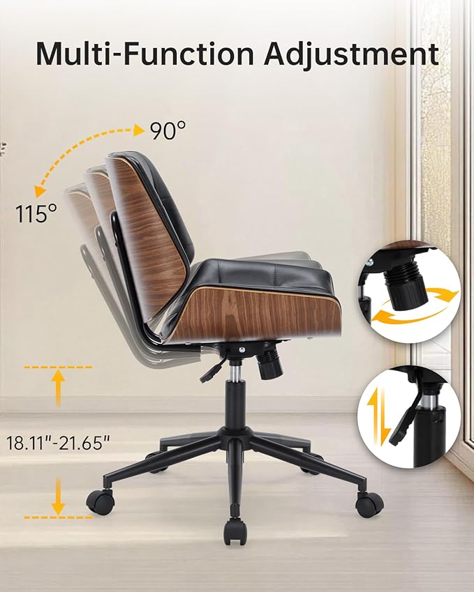 Leather Home Office Chair No Arms,Armless Adjustable Height Small Desk Chair,Swivel Computer Chair with Wheels,Mid-Century Modern Walnut Mid Back Chair for Office, Reading Room,Bedroom(Black)