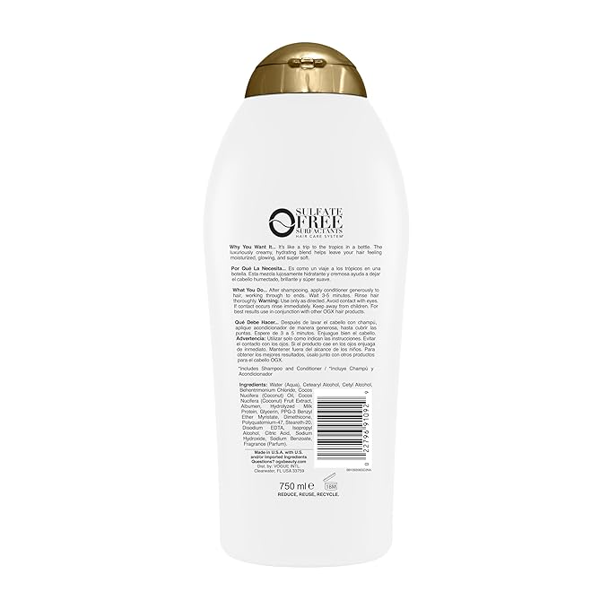 OGX Nourishing + Coconut Milk Moisturizing Conditioner for Strong, Healthy Hair with Coconut Oil & Egg White Protein, Paraben-Free, Sulfate-Free Surfactants, 25.4 fl oz (Pack of 2)