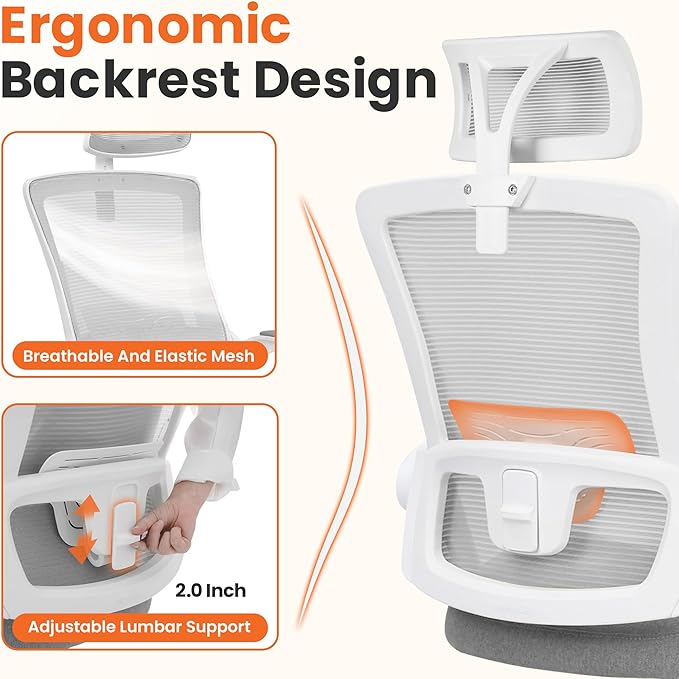 NEO Chair Ergonomic Office Desk Chair High Back Computer Gaming Mesh Chair with Comfy Task Adjustable Arms Lumbar Support Headrest Swivel for Home Office (Grey)