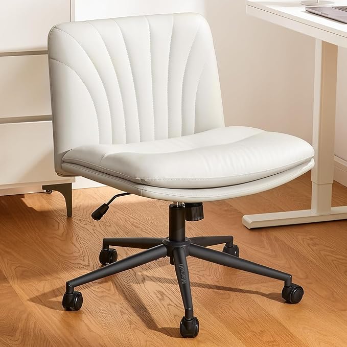 Marsail Armless-Office Desk Chair with Wheels: PU Leather Cross Legged Wide Chair,Comfortable Adjustable Swivel Task Chairs for Home,Office,Make Up,Small Space,Bed Room(Light Beige)