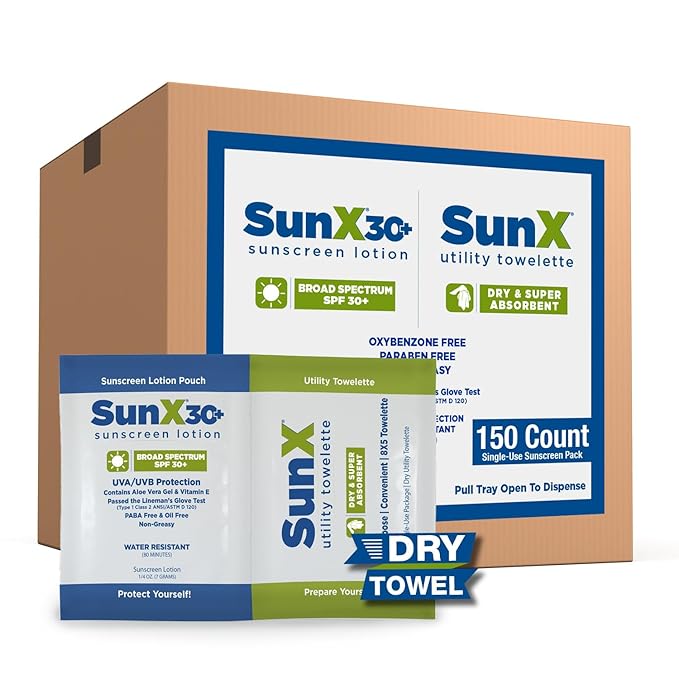 CoreTex Sun X 30+ Broad Spectrum Sunscreen Packets & Dry Towels Duo Kit - Pack of 150 Paraben, Oxybenzone, Octinoxate, & Oil Free Sunscreen - No White Cast and Water Resistant Up to 80 Minutes