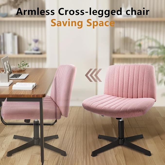 Criss Cross Chair, Cross Legged Desk Office Vanity Chair, Comfortable Pink Vanity Chair with Back, Armless Fabric Adjustable Wide Swivel Criss Cross Desk Chair for Home Office