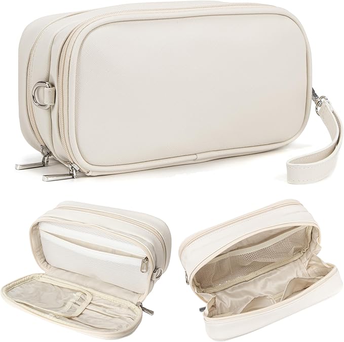 Makeup Bag for Women, Wide-open Makeup Organizer with Makeup Brush Holder, Waterproof Cosmetic Bag with Compartment, Portable Travel-Size Toiletry Bag for Traveling, Large Make Up Bag (White)