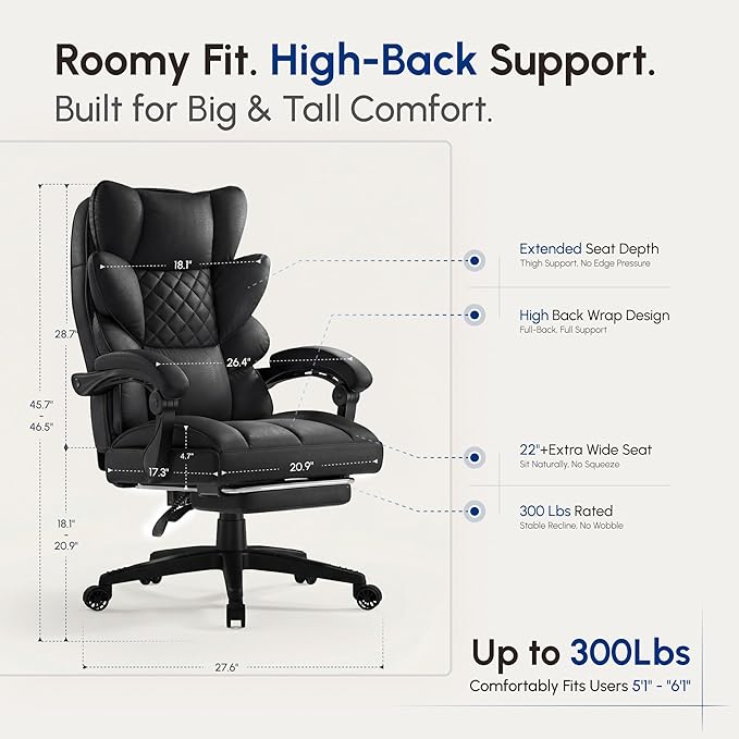 Dowinx Big and Tall Office Chair with Pocket Spring Cushion,High Back Computer Gaming Chairs with Linkage Armrests,Executive Desk Chairs with Footrest,Fabric-Black