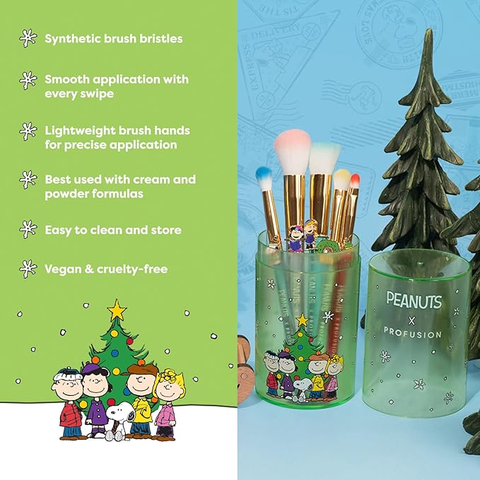 Profusion Cosmetics Peanuts Merry And Bright Brush Set with Case, Fluffy Makeup Brushes for Blending, Shading, and Blush, Achieve Holiday Beauty