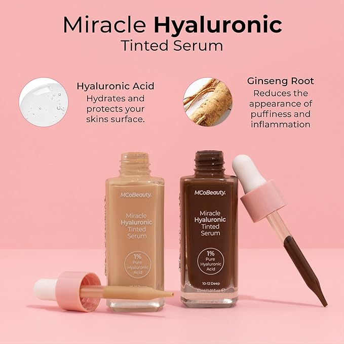 MCoBeauty Miracle Hyaluronic Tinted Serum 0.5-2 Very Light - Hydrating Skin Tint Foundation with Hyaluronic Acid Ginseng - Buildable Sheer to Medium Coverage Dewy Finish - Vegan Cruelty Free Makeup