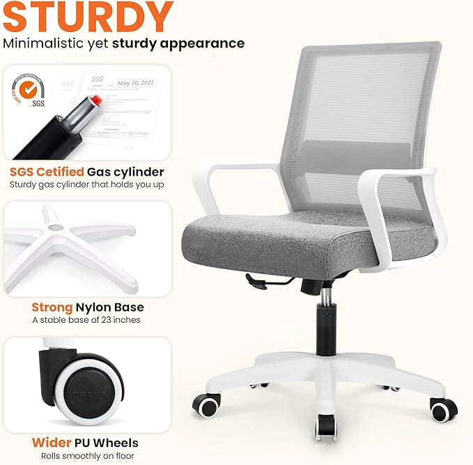 NEO Chair Office Chair Gaming Desk Computer Chair Ergonomic Mesh Mid Back with Wheels Lumbar Support Comfy Swivel Adjustable for Home (Grey)