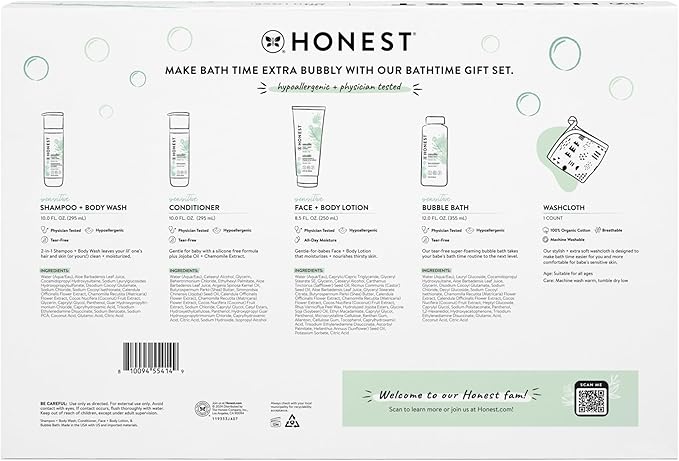 The Honest Company Fragrance-Free Bathtime Gift Set, Hypoallergenic, Bath Essentials for Sensitive Skin, Shampoo and Body Wash, Face Lotion, Bubble Bath, Conditioner, Wash Cloth