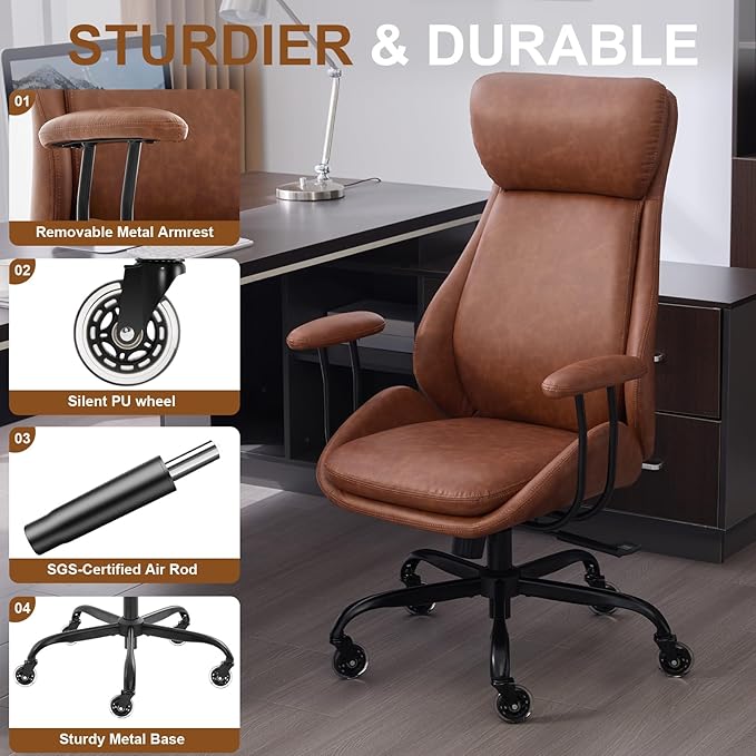 Office Chair, Leather Desk Chair with Rubber Wheels, Ergonomic Computer Chair 500 LBS with Lumbar Support, High Back Executive Chair for Modern Home Office, Brown