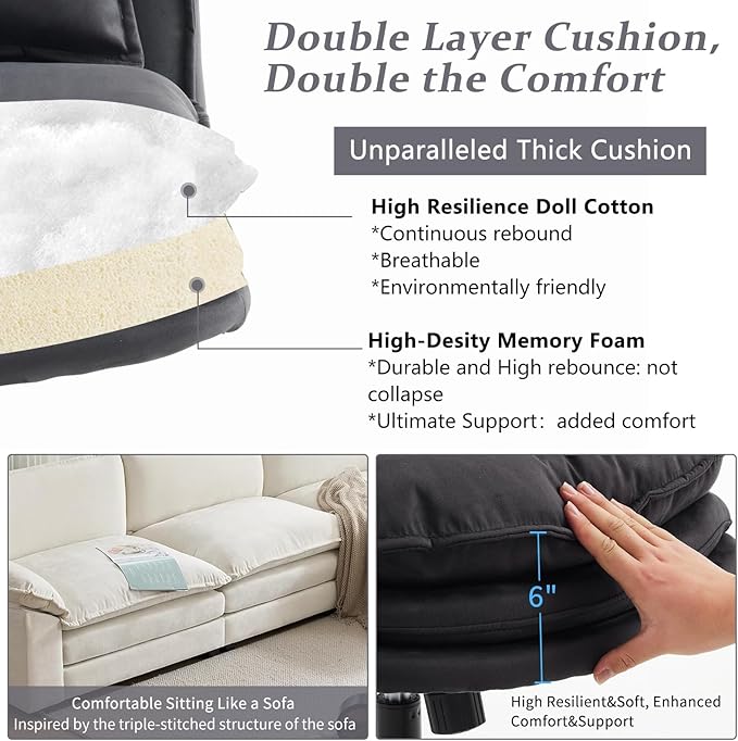 VINGLI Cloud Criss Cross Legged Chair,18" High Back Armless Home Office Desk Chair with Wheels,Wide Adjustable Comfy Padded Seat Task Computer Chair,Modern Swivel Makeup Vanity Chair,Microfiber,Grey