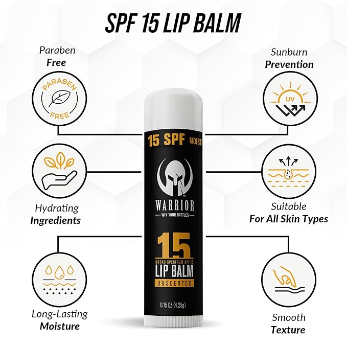 Warrior SPF 15 Lip Balm - Unscented Chapstick Made from Purified Beeswax in USA - Protects Against Wind, Cold, Heat, and UV Rays - Premium Lip Sunscreen Used by Military (0.15 OZ Tube)
