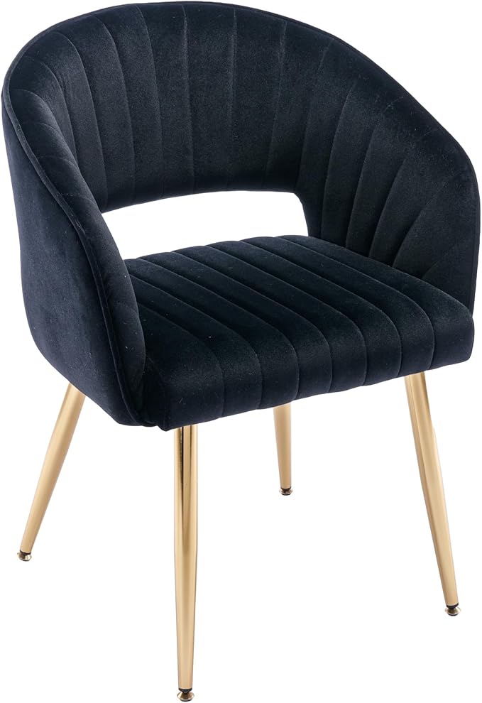 Modern Velvet Vanity Chair, Home Office Desk Chair with Hollow Back, Upholstered Dining Chair with Gold Metal Legs, Comfy Accent Armchair for Living Room Bedroom, Black