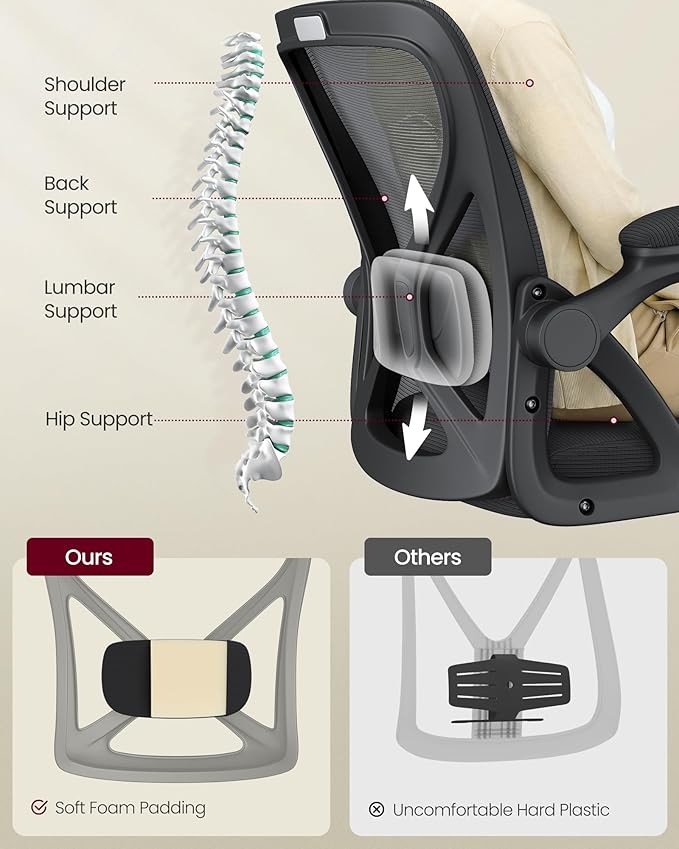 VASAGLE Ergonomic Mesh Office Chair with Adjustable Lumbar Support, 90-105° Tilt Function, Wide Seat, Flip‑Up Armrests, Computer Desk Chair for Home Office, Ink Black UOBN045BH01S