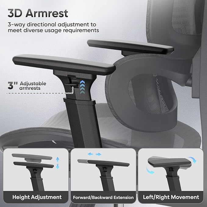 Ergonomic Office Chair, Adjustable High Back Home Desk Chair & Adjustable Seat, 3D Armrest, 145° Reclining Tilt Lock, Chenille Mesh Office Chairs for Man Woman 1Pack