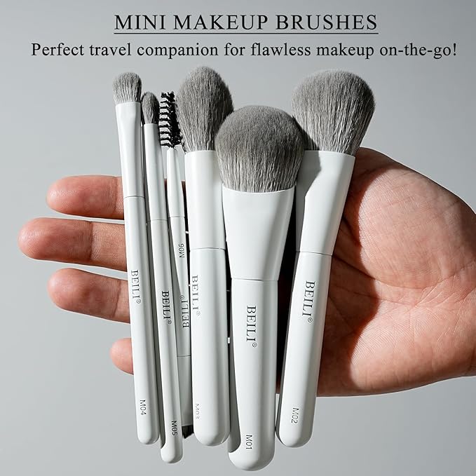 BEILI Mini 6Pcs Makeup Brush Set – Classic White, Professional Makeup Brushes for Foundation, Contour, Highlighter & Blending, Travel-Ready with Sponge
