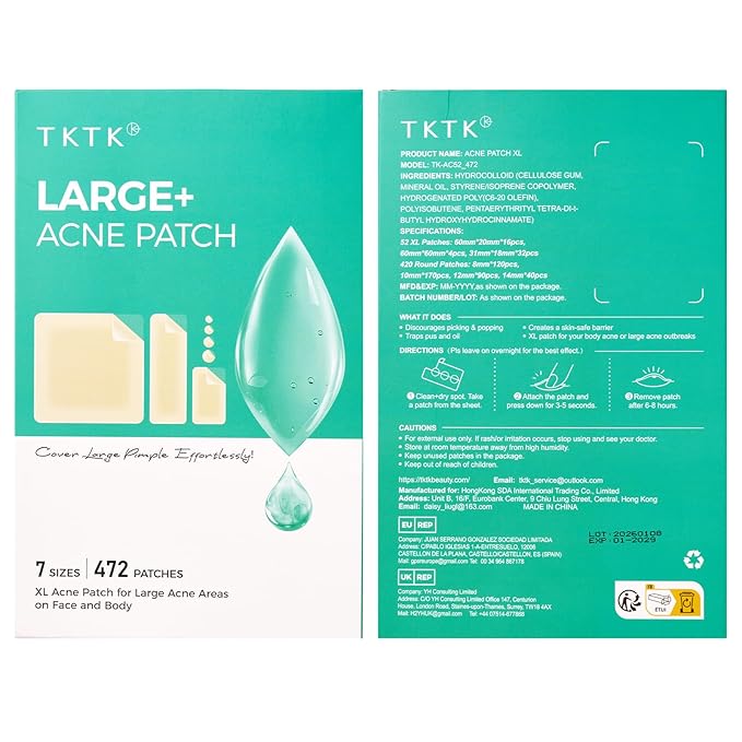 TKTK Large Pimple Patches for Face, 7 Sizes XL Acne Patches, Big Hydrocolloid Bandages for Body, Chin, Forehead, Chest, Back Zit Breakouts, Hydrocolloid Patch (Strip, Square, Dot 472 Count)