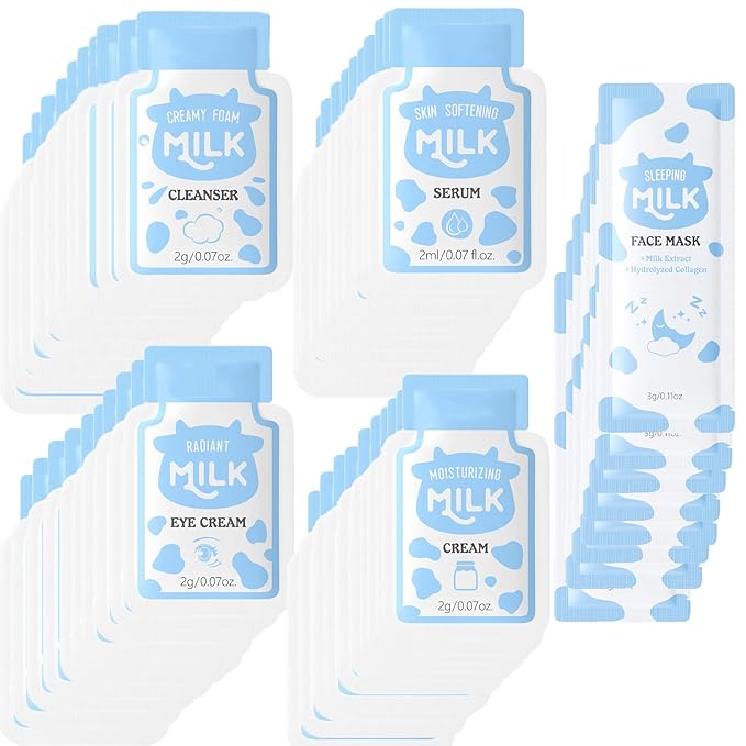 Travel Skincare Set, 50 Pcs Mini Travel Size, Outdoor Travel Kit Includes Facial Cleanser, Toner, Eye Cream, Face Cream, Mask, Skin Care Set for Teens Men Women (Milk 50mini)