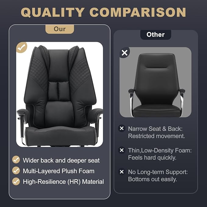 Big and Tall Office Chair 400lbs Wide Seat, Leather High Back Executive Office Chair with Foot Rest, Ergonomic Chairs Lumbar Support for Lower Back Pain Relief (Black)