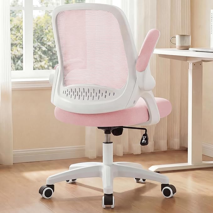 NEO Chair Office Desk Computer Gaming Ergonomic Chair with Lumbar Back Support Adjustable Height Swivel Wheels Flip-up Arms Mesh Chair for Home or Office (Pink)