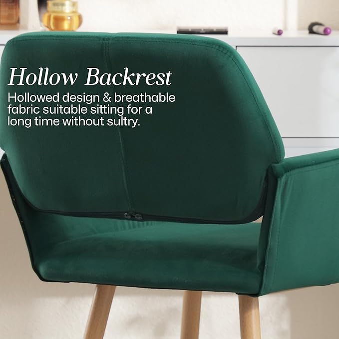 Home Office Velvet Desk Chair, Makeup Vanity Chair, Comfy Accent Armchair with Wood Grain Metal Legs, Cute Dining Chair with Hollowed Back, Dark Green