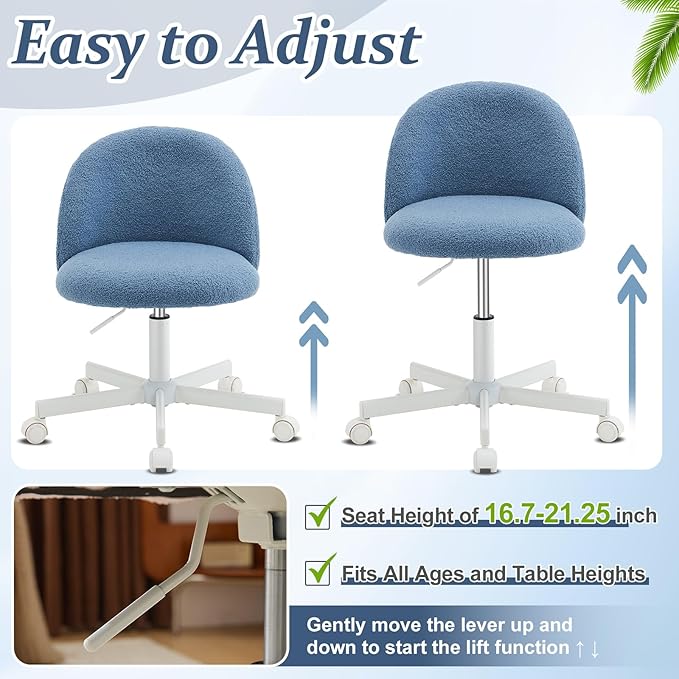 VINGLI Cute Candy Chair Armless Comfy Small Office Desk Vanity Chair with Wheels & Lumbar Support,Teddy Adjustable Rolling Swivel Computer Task Ch for Home Office,Bedroom,Fog Blue