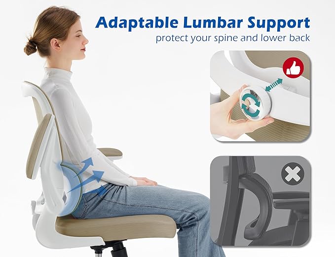 TRALT Ergonomic Office Chair - Desk Chair with Adjustable Lumbar Support Computer Chair - Mesh Comfy Chair with Flip-up Armrests - Gaming Chairs for Adults Home Office (PU Leather, Khaki)