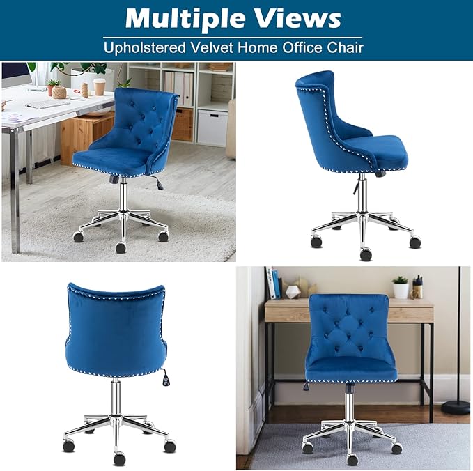 VINGLI Navy Blue Velvet Armless Home Office Desk Chair with Silver Chrome Base/Wheels, Cute Vanity/Makeup Chair with Back for Bedroom, Upholstered Adjustable Rolling Swivel Nail Chair for Women/Girls