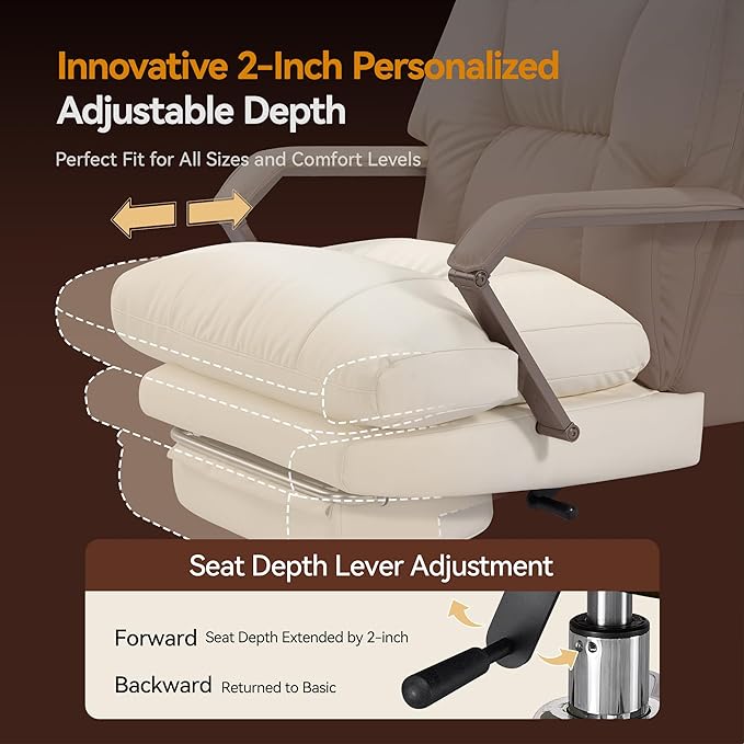 M76 160° Reclining Executive Office Chair with Footrest, Adjustable Seat Depth, 10" Thick Cloud Cushion Desk Chair, 420lb Heavy Duty High Back Leather Desk Chair for Home Office, Cream