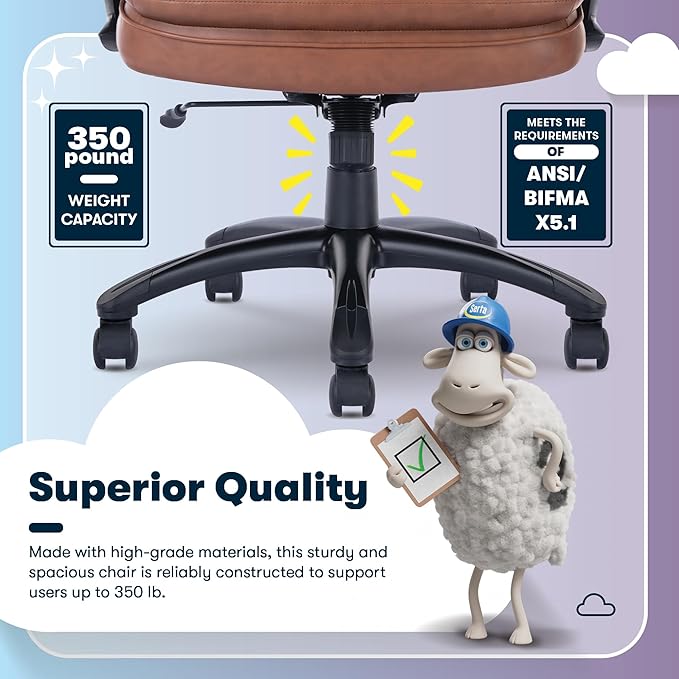 Serta Fairbanks Big & Tall Executive Office Chair, Ergonomic High-Back with Lumbar Support, Semi-Plush Seat Cushion and Body Pillows, Padded Armrests, Nylon Swivel Base, Bonded Leather, Cognac Brown