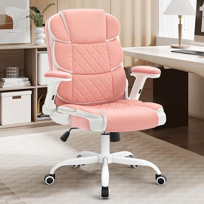SEATZONE Ergonomic Office Chair Pink PU Leather Desk Chairs Computer Chair with Wheels and Flip-up Arms,Rolling Swivel Task Chair for Women,Girls