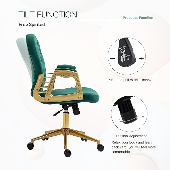 Velvet Office Chair Desk Chair with Gold Base, Comfortable Makeup Vanity Chair with Back and Wheels, Swivel Rolling Chair for Girls Women Study Bedroom, Green