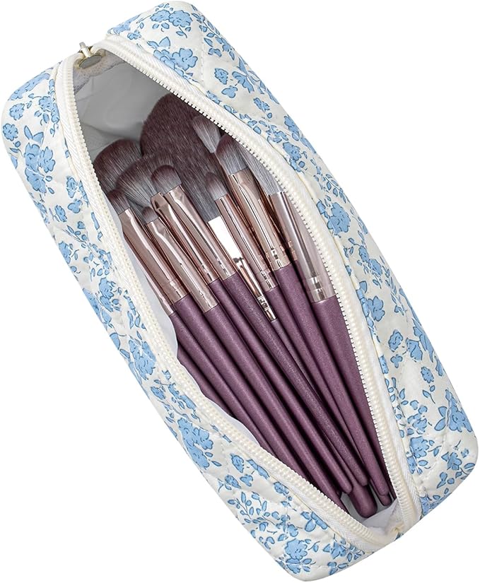 Cute Floral Cotton Makeup Brush Cosmetic Bag for Women, Travel Quilted Zipper Make Up Bag, Flowers Toiletry Organizer Case Kawaii Makeup Cosmetic Travel Cloth Pouch (Blue+Big Purple Floral)