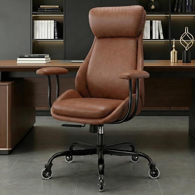 Office Chair, Leather Desk Chair with Rubber Wheels, Ergonomic Computer Chair 500 LBS with Lumbar Support, High Back Executive Chair for Modern Home Office, Brown