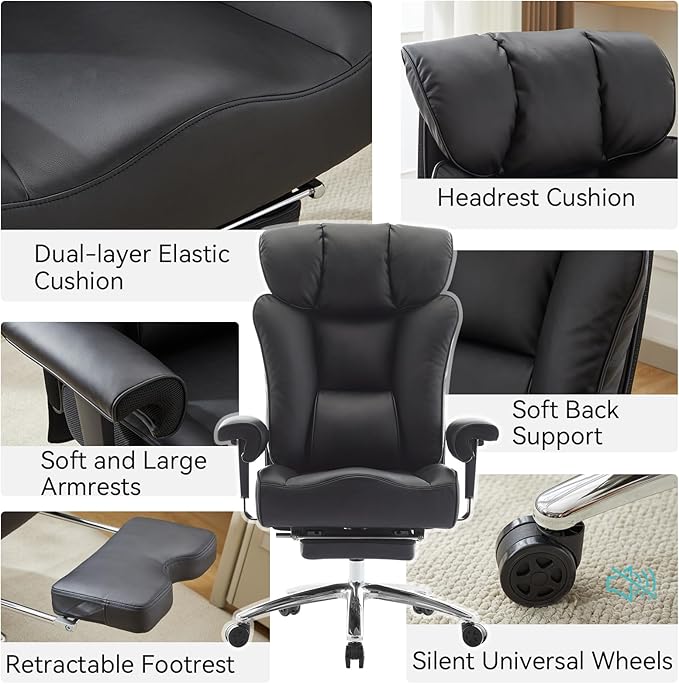 Efomao Big and Tall Office Chair 450lbs, 5.9" Thick Pocket Spring Executive Office Chair with Footrest, High Back PU Leather Desk Chair, Wide Seat Computer Chair, Black