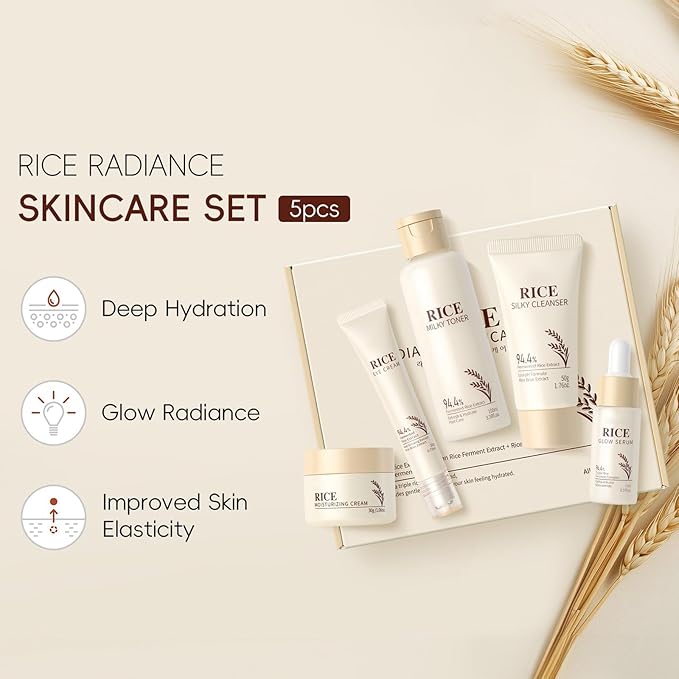 Rice Skin Care Set 5-Piece, Complete Facial Skincare Routine with Rice Moisturizing Cream, Toner & Essential Products, Hydrating Formula for Daily Nourishment, Gift Set (5PCS)