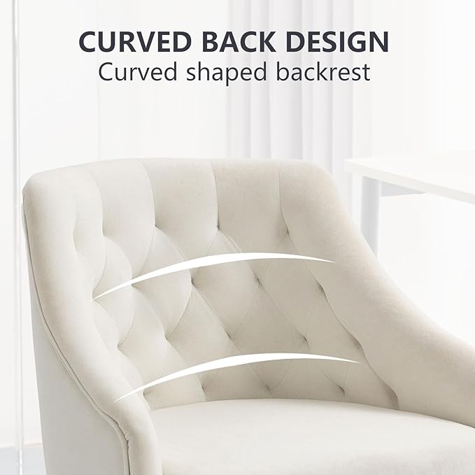 MOJAY Velvet Office Swivel Chair, Vanity Fabric Desk Pretty Fancy Gold Office Chairs for Girls, 360°Swivel Height Adjustable Reception Chair (White)